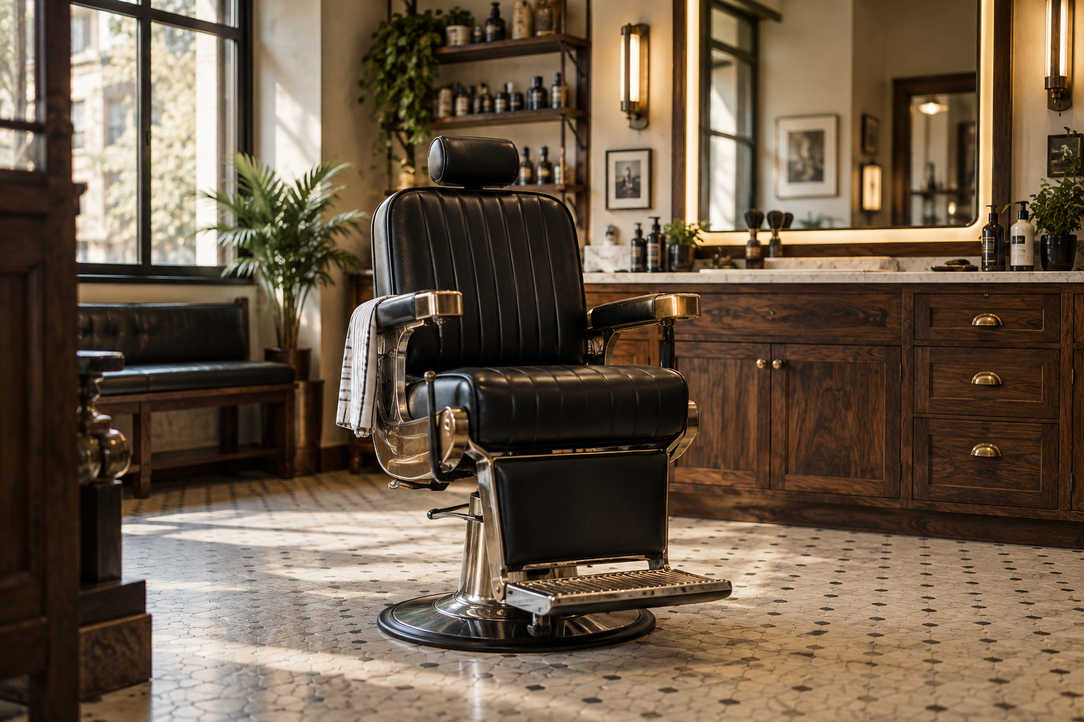 Black leather barber chair in a warm, refined barbershop