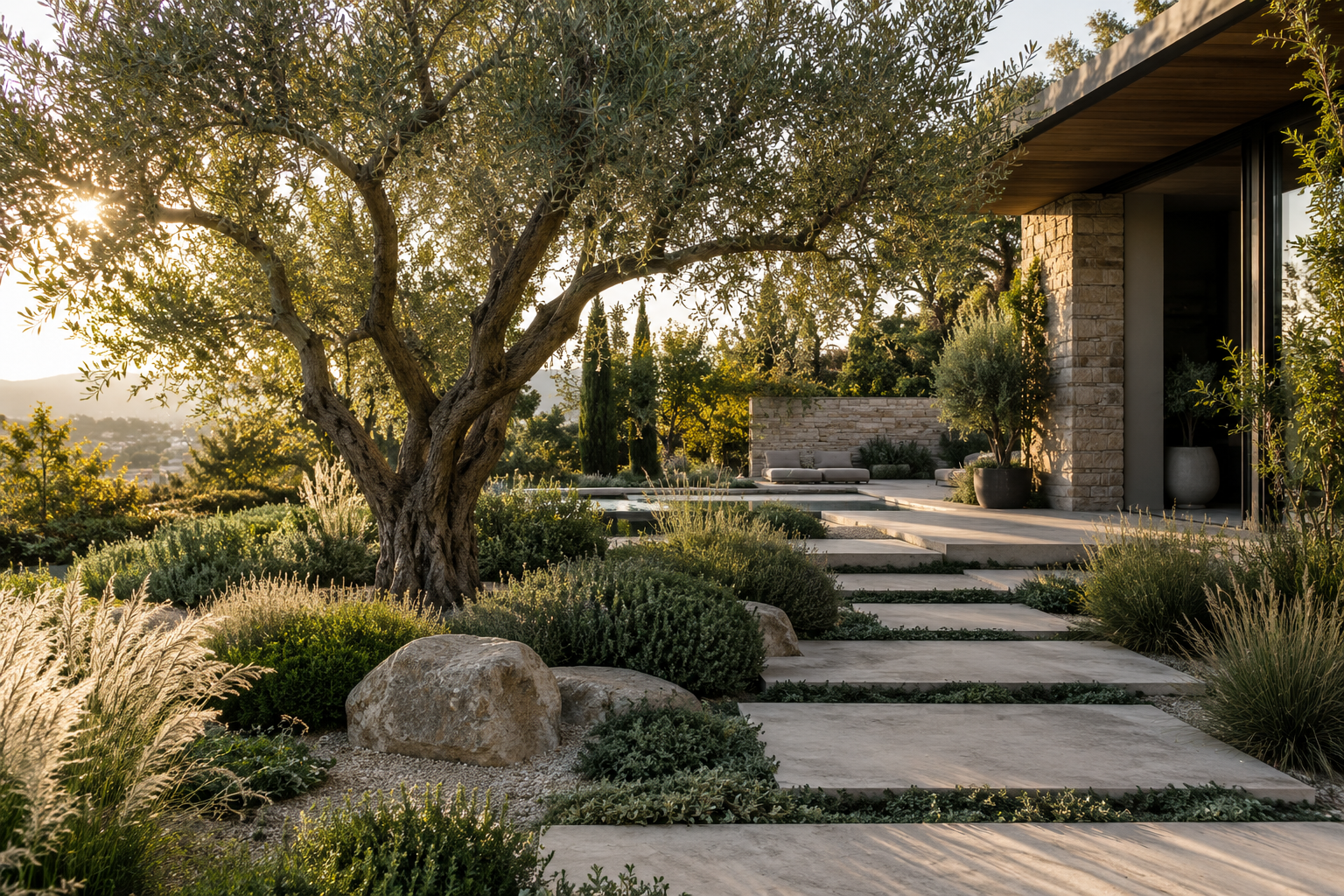 A thoughtfully landscaped garden with stone paths and lush planting